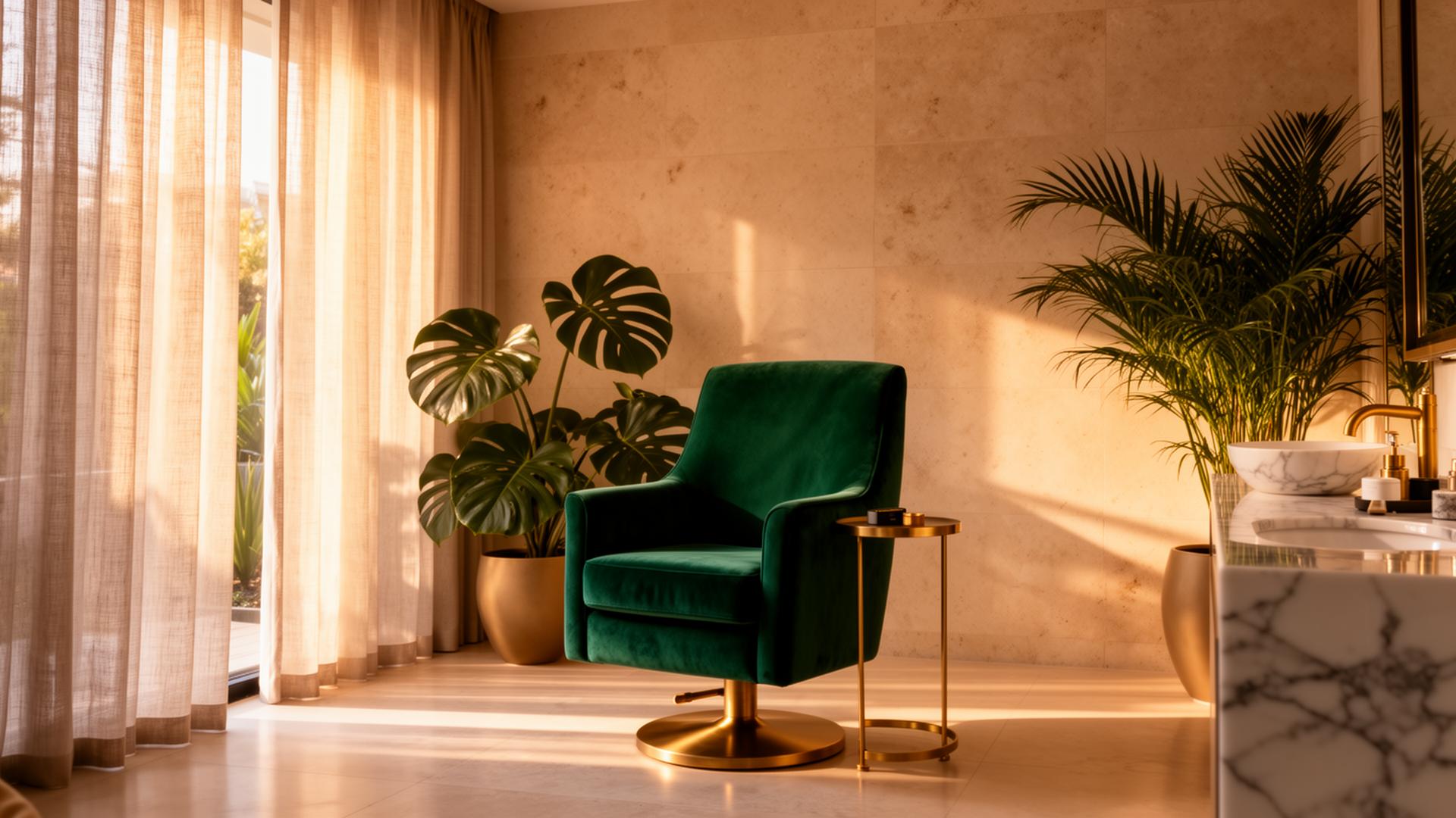 Luxury med spa treatment room with emerald velvet chair and tropical plants
